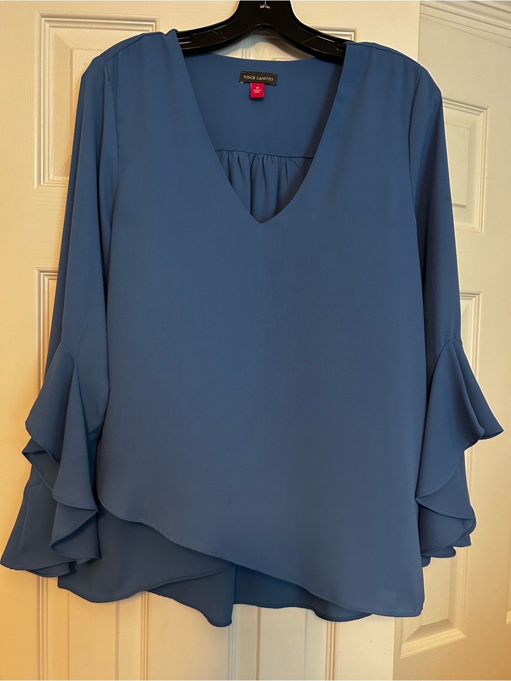 Vince Camuto Slate Blue V-Neck Double Ruffle Sleeve Blouse